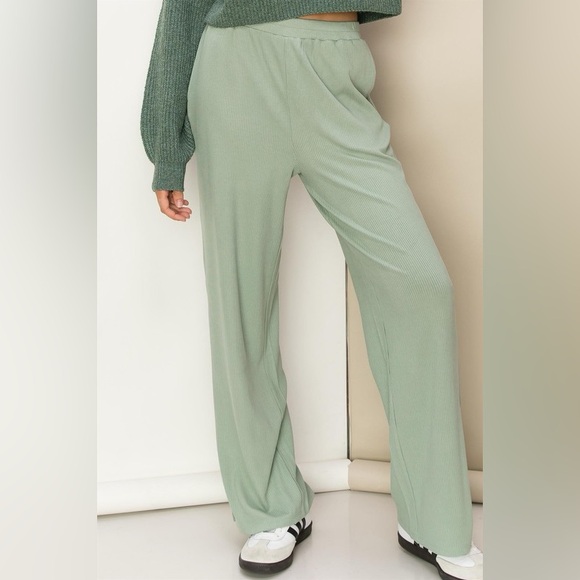 226B-SAGE Ribbed Slit Side Wide Let Pants - Picture 2 of 5